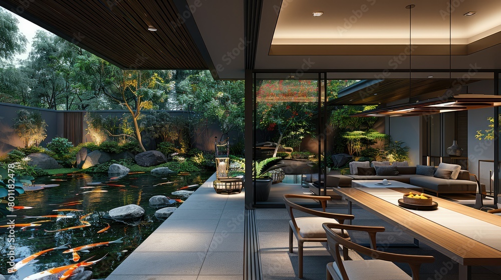 Obraz premium Zen dining area with simple yet elegant furniture, soft overhead lighting, and views of a tranquil outdoor koi pond. Generative AI.
