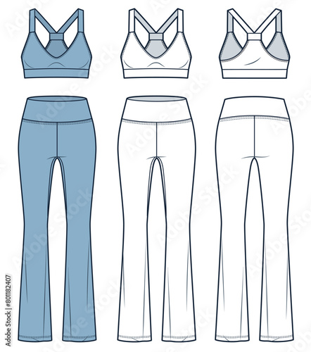  Set of Sports Bra and Leggings technical fashion illustration.Flared Leggings, Crop Top fashion flat technical drawing template, slim fit, front and back view, white, blue, women CAD mockup set.