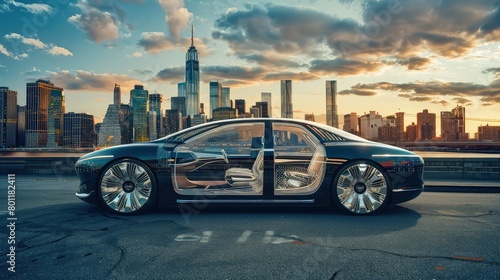 A luxurious sedan with crystal-clear door panels and a translucent roof, offering an unobstructed view of the city skyline as it cruises the urban streets. 
