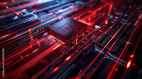 A bold and energetic abstract of ruby red and midnight blue, symbolizing the speed and agility of next-generation computing processors. 