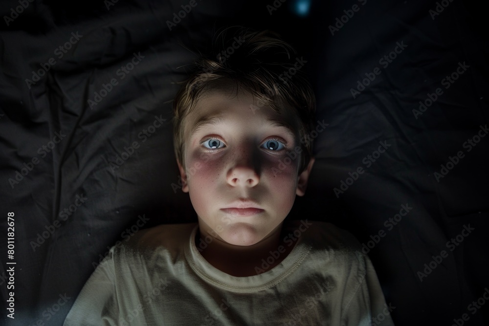 An American boy lying wide eyed in the darkness An American boy lying wide eyed in the darkness