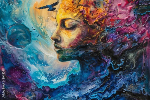 A vividly colorful painting of a beautiful woman amidst mystical waves at night  featuring iridescent hues that capture the melting beauty of the universe