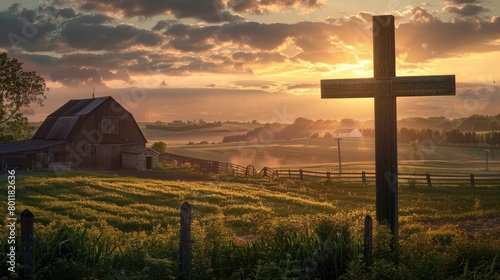 Show the cross in a rural setting, with farm fields and barns stretching out to the horizon as the sun dips below the edge of the earth.