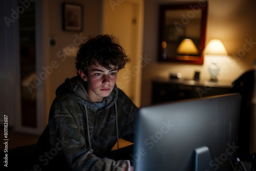 A troubled American teenager sitting up late at night in front of the computer