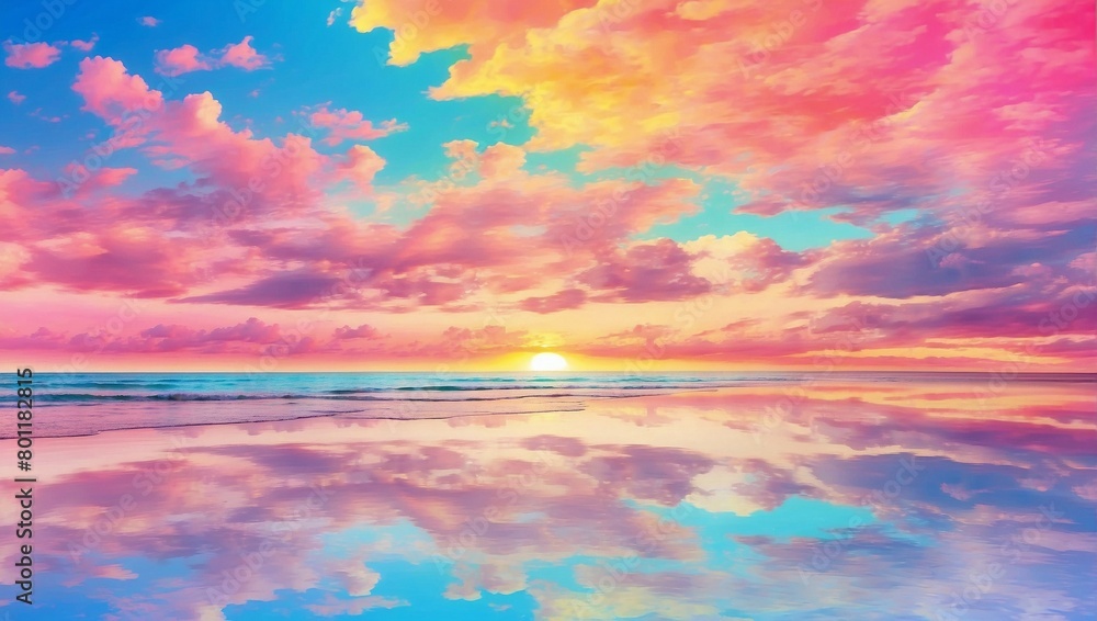 Rainbow colorful sunset on blue pink sky yellow clouds skyline ,water sea reflection beautiful landscape summer nature. Rainbow at sunset on blue pink sky yellow clouds skyline ,water sea 