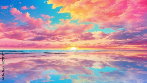Rainbow colorful sunset on blue pink sky yellow clouds skyline  water sea reflection beautiful landscape summer nature. Rainbow at sunset on blue pink sky yellow clouds skyline  water sea 