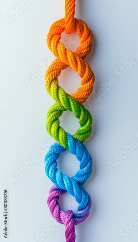 Vibrant braided ropes on white surface symbolizing unity, diversity, and teamwork