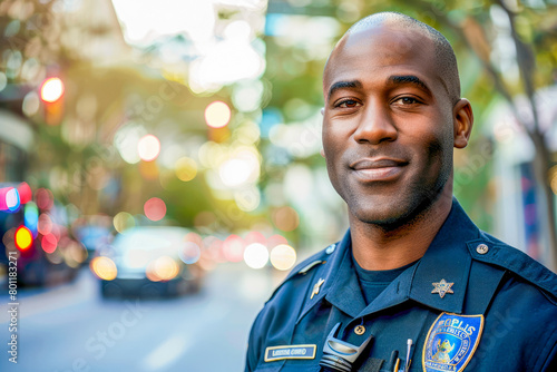 Smiling young black american police officer stands outdoor patroling the city streets, close up, space for text.Safety and security in city concept .