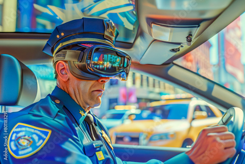 Policeman middle - aged in VR goggles patrols the city sitting in police car.City safety concept.