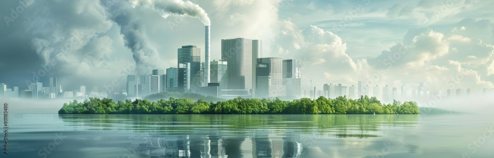 Fototapeta premium Futuristic Cityscape with Green Island and Pollution.