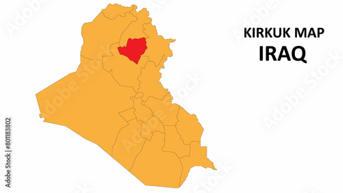 Kirkuk Map is highlighted on the Iraq map with detailed state and region outlines. photo