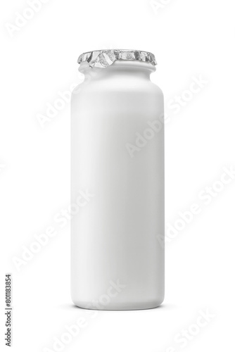 Drinkable yogurt in white plastic bottle with foil lid isolated. Transparent PNG image.