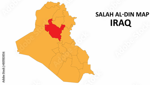 SalahAl-Din Map is highlighted on the Iraq map with detailed state and region outlines. photo