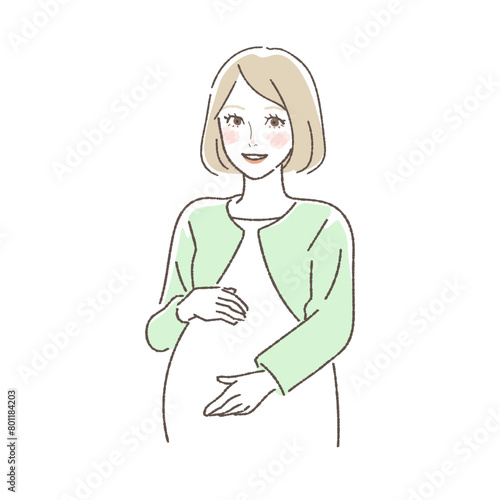 Illustration of pregnant woman touching her belly happily.

