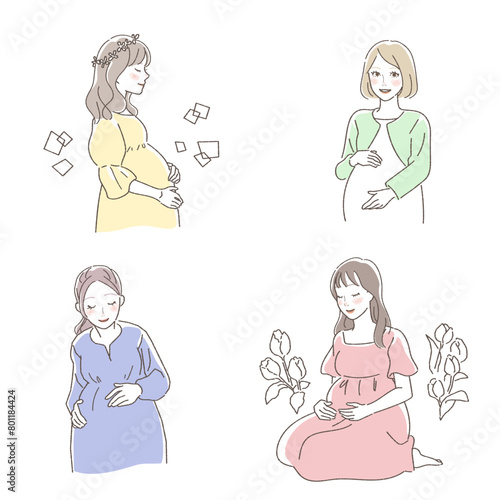 Illustration set of pregnant woman touching her belly happily.
