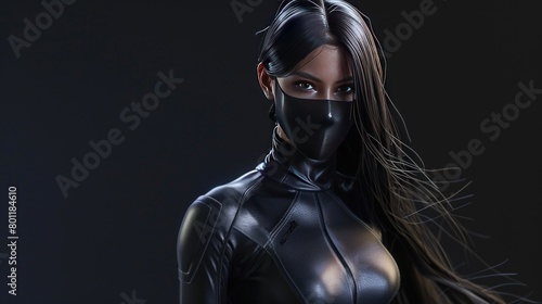 Mysterious female ninja model with all black ideal body on black background AI generated image