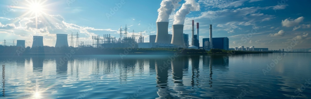 Power Plant on Waterfront Under Sunlit Sky. Power Plant on Waterfront Under Sunlit Sky.