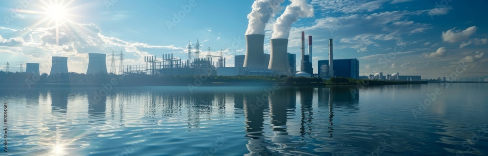 Power Plant on Waterfront Under Sunlit Sky.