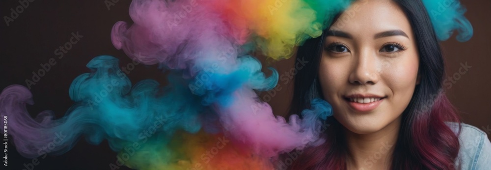 Double exposure woman portrait with vivid rainbow color smoke for positive mindset and creative state of mind and psychology concept. Meditative and men