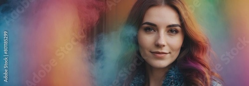  Double exposure woman portrait with vivid rainbow color smoke for positive mindset and creative state of mind and psychology concept. Meditative and men