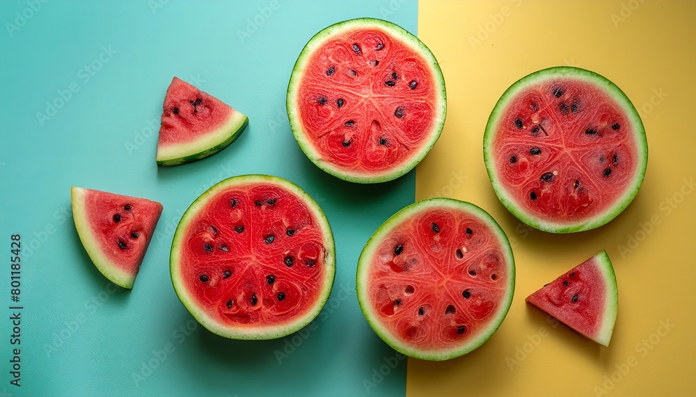 Watermelon pattern on pastel background, top view. Flat lay with fresh watermelon slices. Minimal summer concept Watermelon pattern on pastel background, top view. Flat lay with fresh watermelon slices. Minimal summer concept