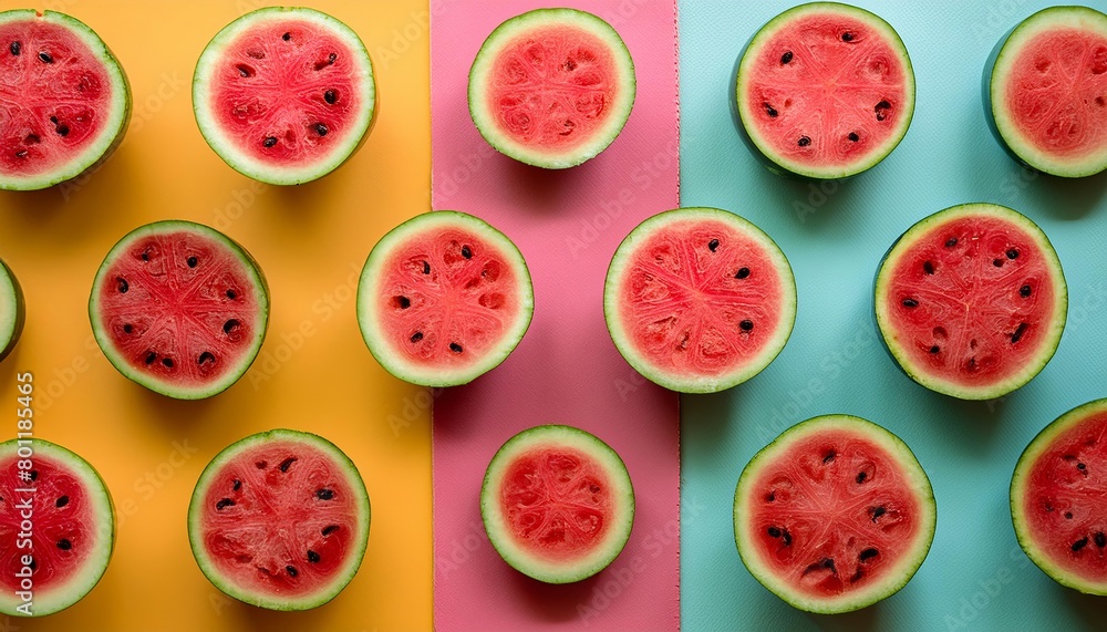 Watermelon pattern on pastel background, top view. Flat lay with fresh watermelon slices. Minimal summer concept Watermelon pattern on pastel background, top view. Flat lay with fresh watermelon slices. Minimal summer concept