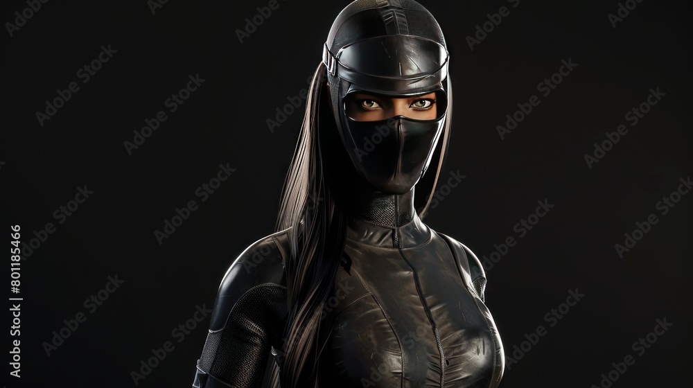 Mysterious female ninja model with all black ideal body on black background AI generated image Mysterious female ninja model with all black ideal body on black background AI generated image