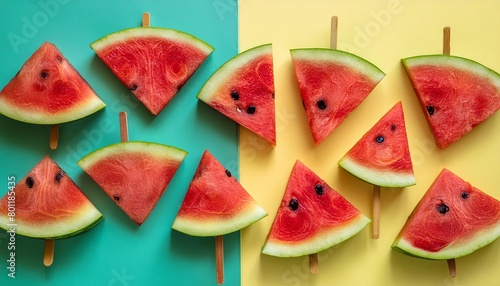 Watermelon pattern on pastel background, top view. Flat lay with fresh watermelon slices. Minimal summer concept