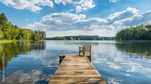 Landscape with a long wooden pier with chairs for fishing and relaxing enjoying the lake view