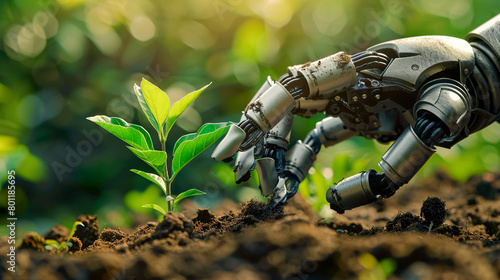 Closeup of a mechanical hand planting a young sapling in fertile soil, with a focus on precision and care photo