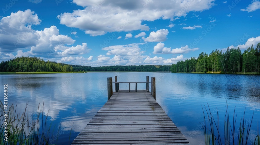 Landscape with a long wooden pier with chairs for fishing and relaxing enjoying the lake view