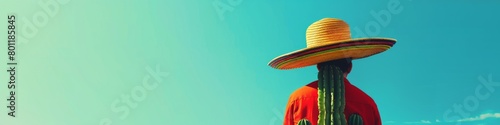 Cactus wearing traditional mexican sombrero hat and shirt. Cinco de Mayo holiday background. Viva Mexico. Traditional latin holiday, party or fiesta funny creative concept. Copy space