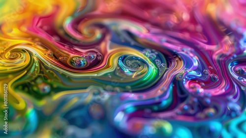 A macro photograph of psychedelic liquid patterns, where the swirls of rainbow colors create a vibrant labyrinth. 