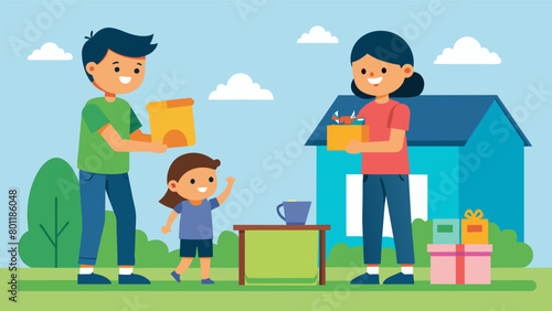 Two siblings setting up a yard sale to earn money with one being the salesperson and the other handling the finances and keeping track of sales.