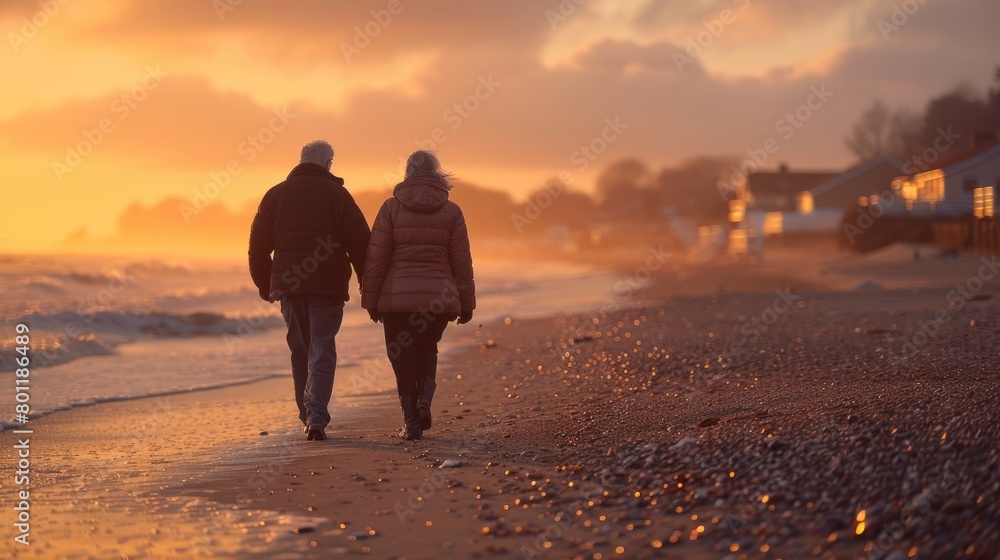 Fototapeta premium Elderly Couple Enjoying Beach Walk at Sunset