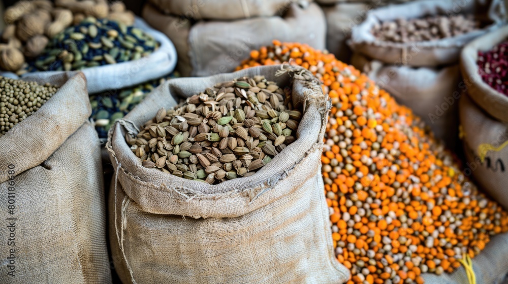 Obraz premium Assorted legumes in burlap sacks at a market. Close-up food photography.