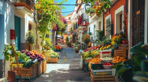 Colorful street market with fresh fruits and vegetables displayed in a quaint European alley