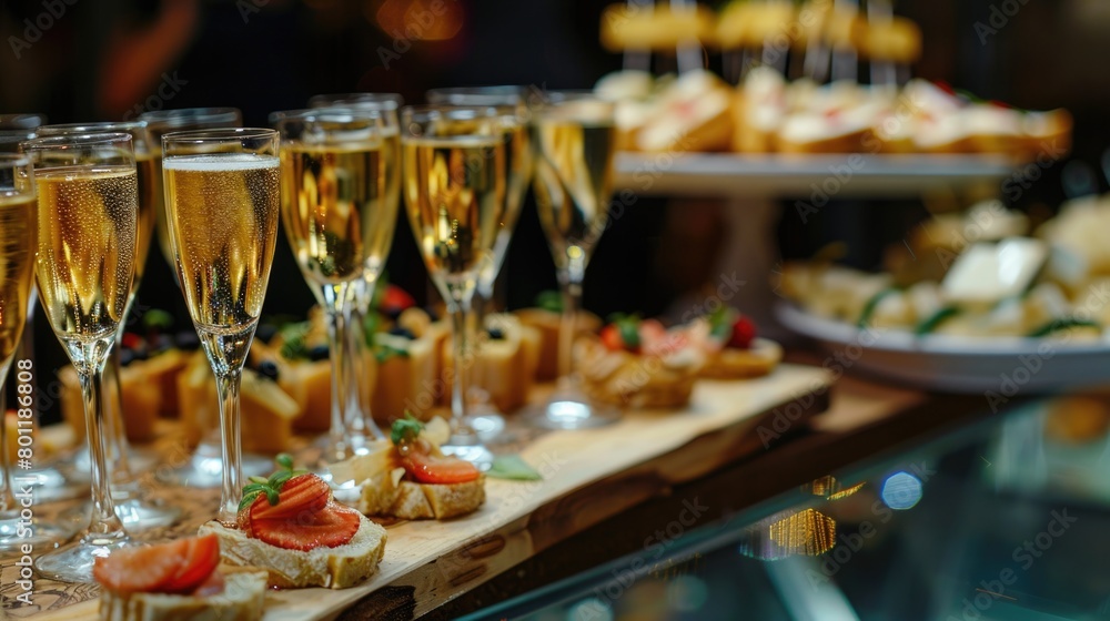 Champagne flutes and appetizers on a reflective surface.