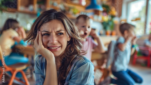 Wallpaper Mural Overwhelmed parent with noisy children in the background concept of managing kids during summer break  Torontodigital.ca