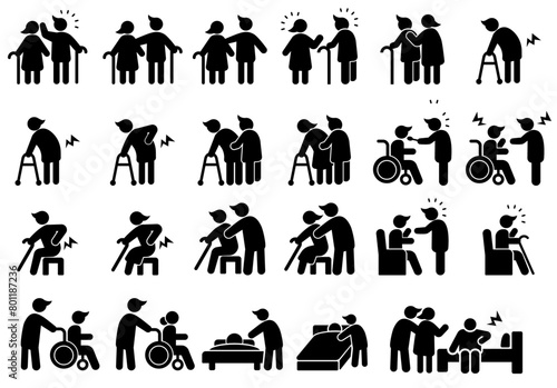 Silhouette vector icon collection about elderly care