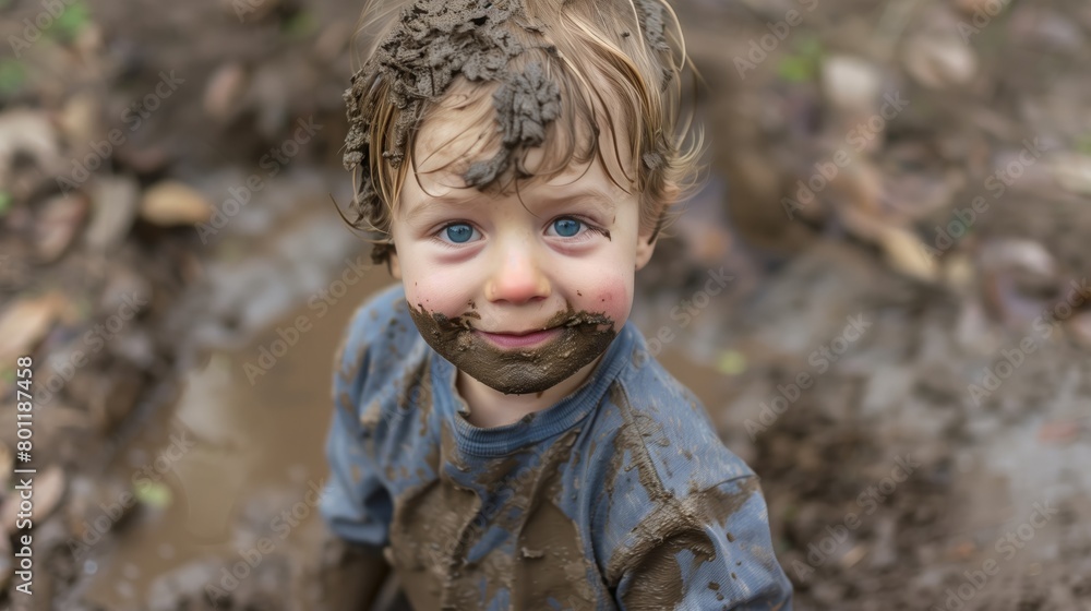 Young child covered in mud playing outside concept of messy play and cleaning challenges Young child covered in mud playing outside concept of messy play and cleaning challenges