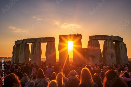 Radiant sunrise illuminates Stonehenge during the Summer Solstice celebration casting long shadows and highlighting the ancient monolithic structures  photo