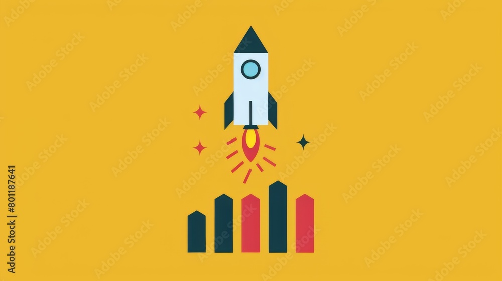 Rocket ship illustration with bar graph, yellow background Rocket ship illustration with bar graph, yellow background