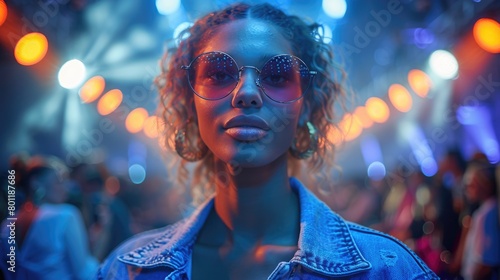 Stylish Woman with Sunglasses at a Neon-Lit Nightclub Party