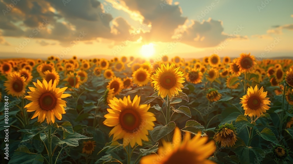 Fototapeta premium Sunset over sunflower field. Vibrant summer landscape with golden light.