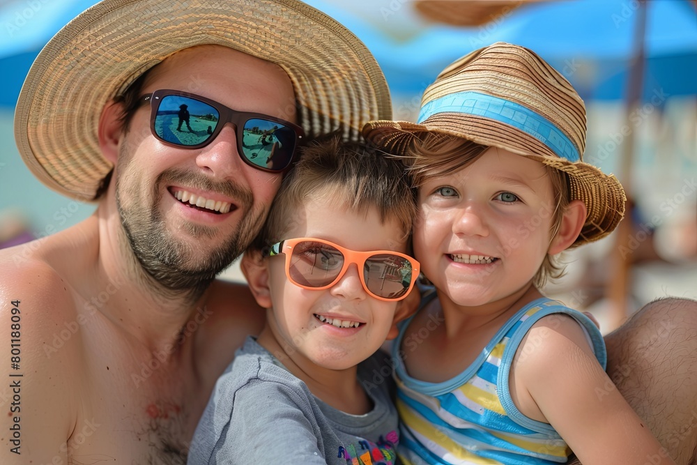 Young Caucasian family on vacation at the beach