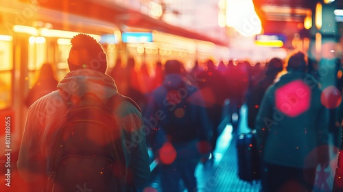 Commuter on an overcrowded train platform during a delay, frustration visible, cool tones with bright color highlights from ads  photo