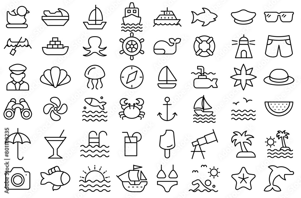 Line leisure icon collection for summer, sea and fish Line leisure icon collection for summer, sea and fish