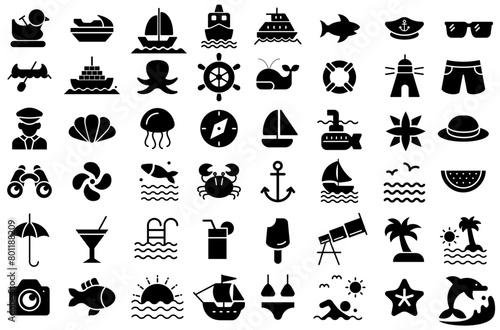 Collection of silhouette leisure icons related to summer, sea and fish