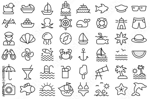 Line leisure icon collection for summer  sea and fish